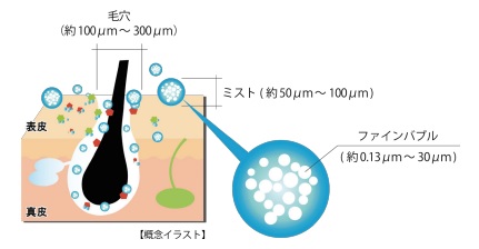 ミラブルのファインバブルやミスとが毛穴に浸透する効果を表すイラスト
