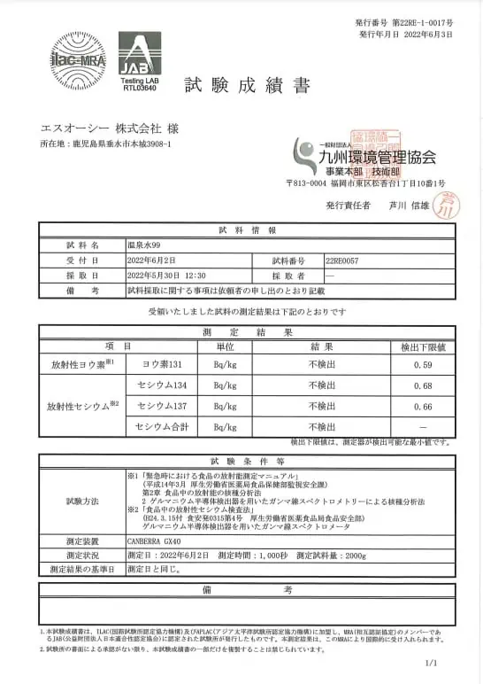 温泉水99放射能試験成績書