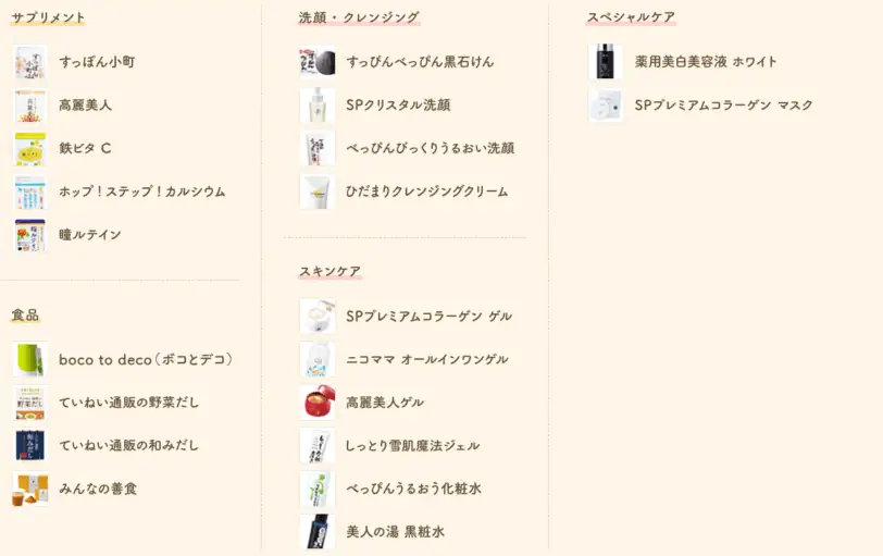 ていねい通販商品一覧