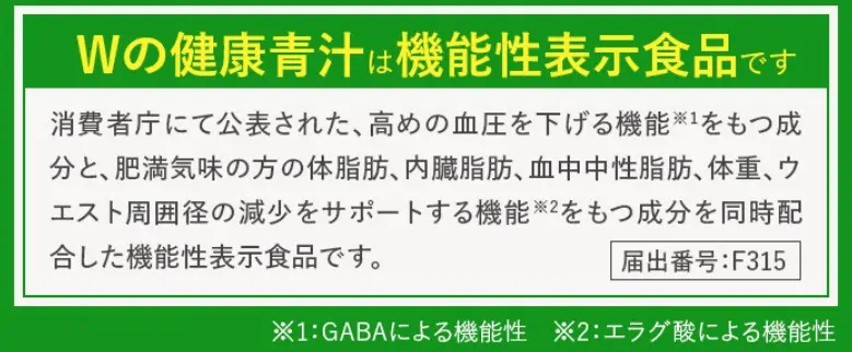 Wの健康青汁はGABAにより高めの血圧を下げる機能、エラク酸による肥満気味の方の体脂肪、内臓脂肪、血中中性脂肪、体重、ウエスト周囲径をサポートする機能性食品