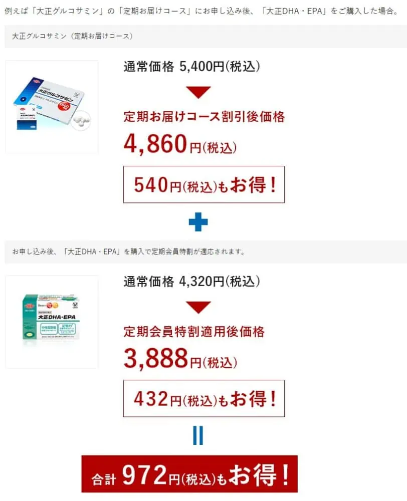 大正製薬の別商品と一緒に注文することで追加購入した商品も10％で購入できる場合の例