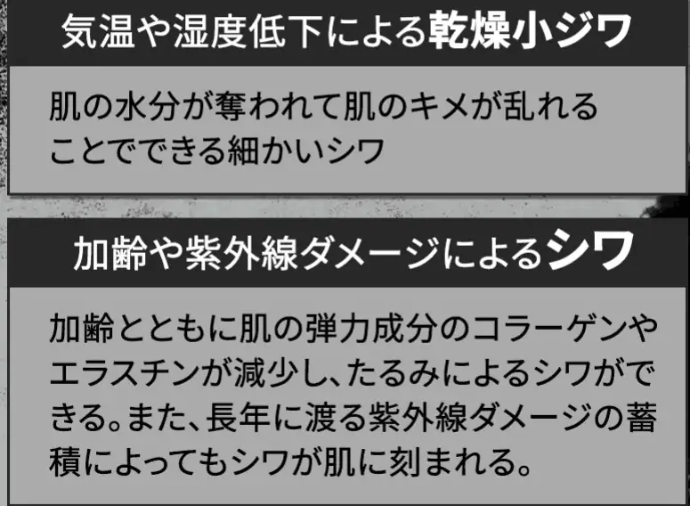 乾燥小じわ、加齢や紫外線ダメージによるシワにも効果のある有効成分ナイアシンアミド配合