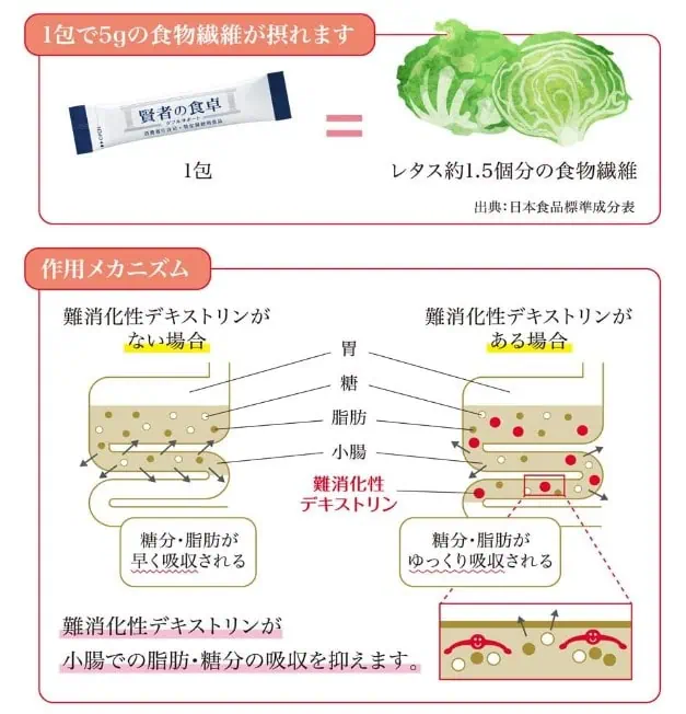 賢者の食卓は難消化性デキストリン配合で、小腸での脂肪野党分の吸収を抑えてくれる
